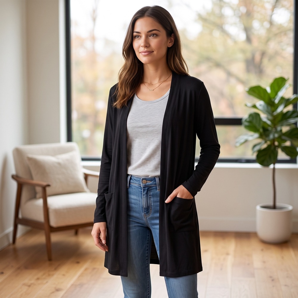 Cielo Cardigan Women M Black Open Front Longline Jersey Knit Pockets